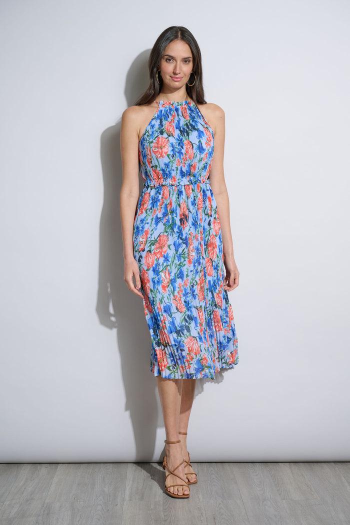 Elie Tahari Floral Halter Pleated Midi Dress POOL BLUE FLORAL