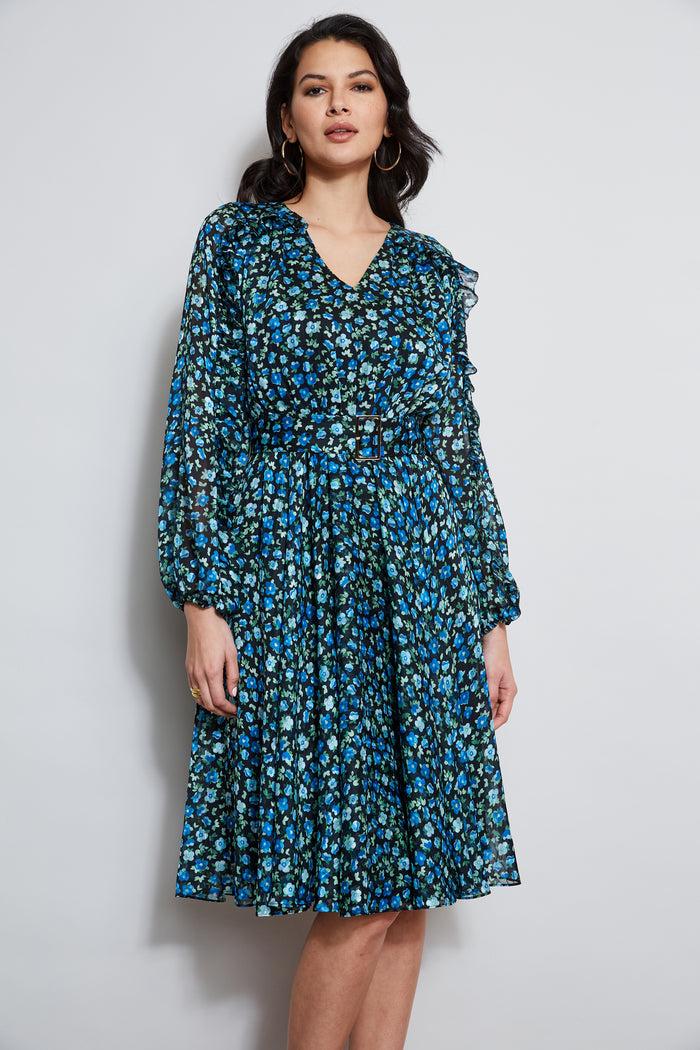 Elie Tahari Floral Long Sleeve Belted Dress FORGET ME NOT PRINT