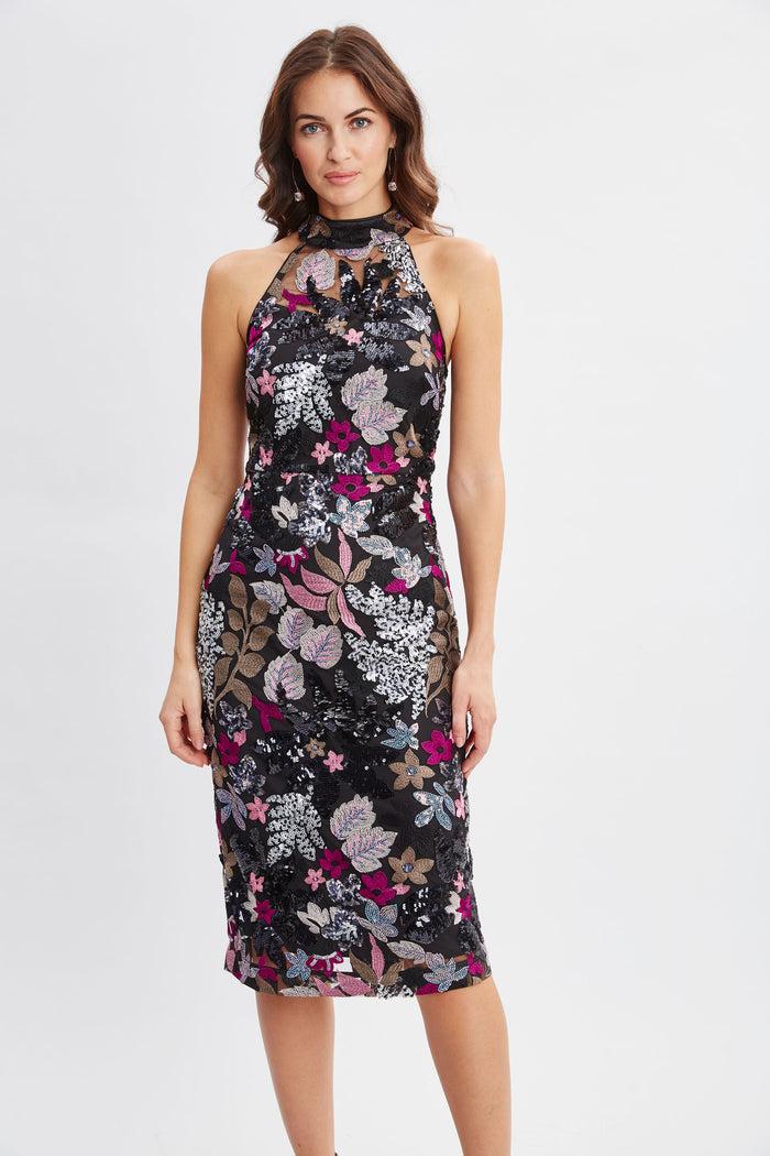 Elie Tahari Floral Sequin Halter Dress BLACK WITH MULTI COLOR FLORALS