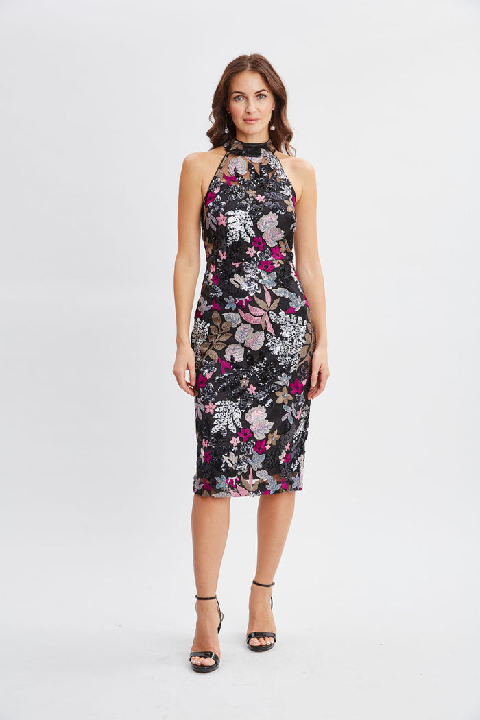 Elie Tahari Floral Sequin Halter Dress BLACK WITH MULTI COLOR FLORALS