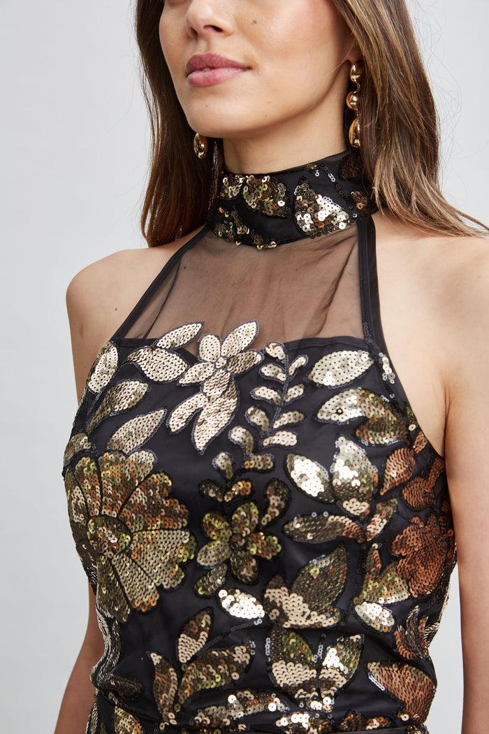 Elie Tahari Floral Sequin Halter Top CRESTED FLORAL SEQUIN