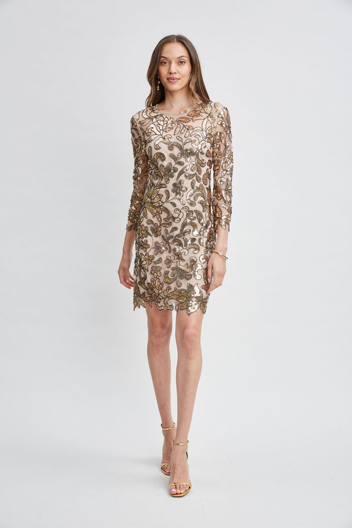 Elie Tahari Floral Sequin Long Sleeve Dress ANTIQUE GOLD
