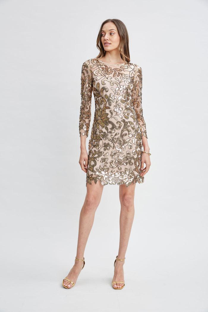 Elie Tahari Floral Sequin Long Sleeve Dress ANTIQUE GOLD