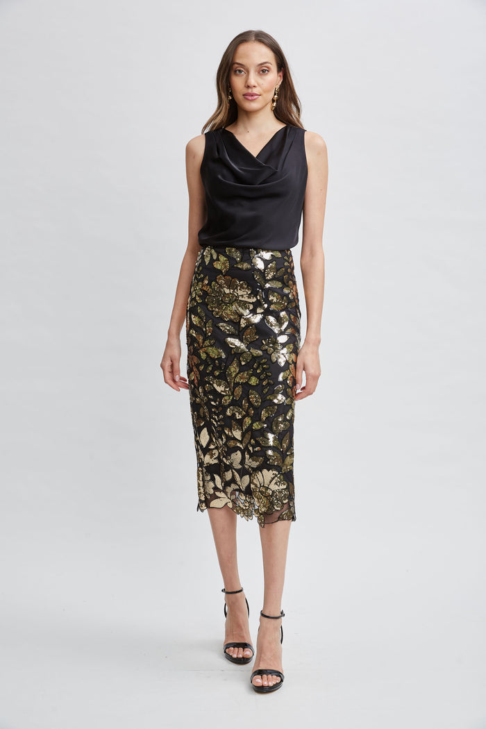 Elie Tahari Floral Sequin Midi Skirt CRESTED FLORAL SEQUIN