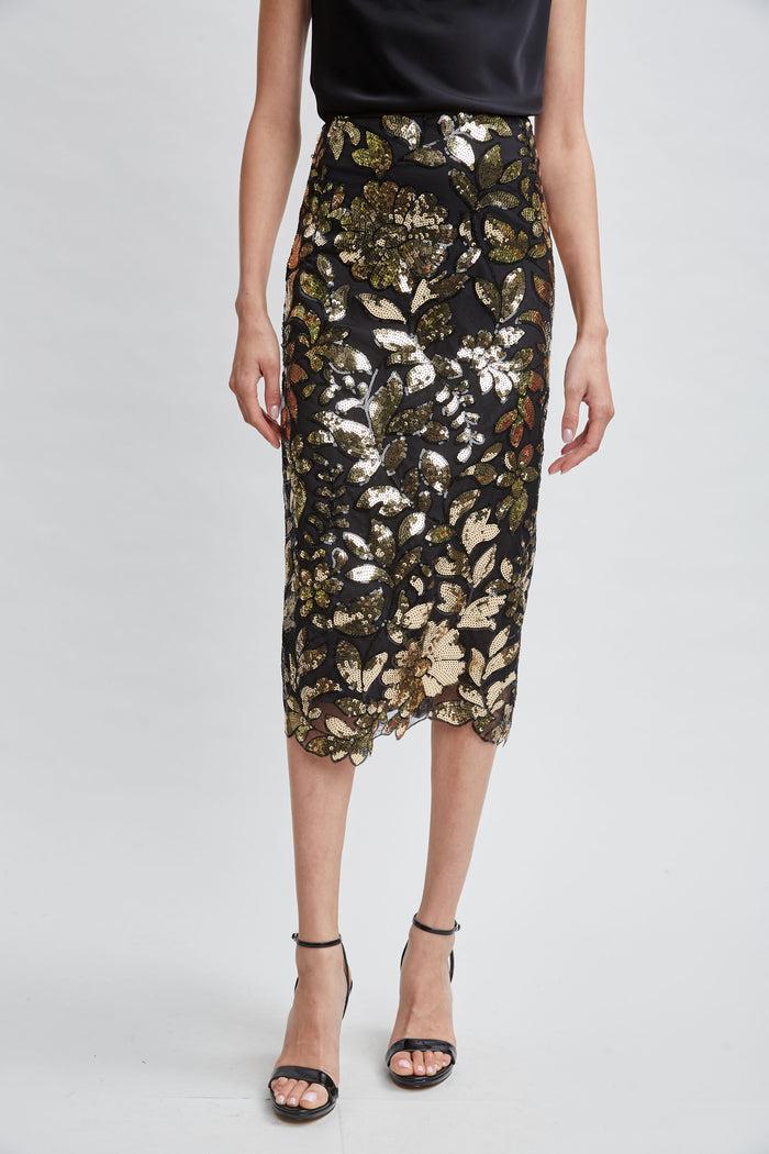 Elie Tahari Floral Sequin Midi Skirt CRESTED FLORAL SEQUIN