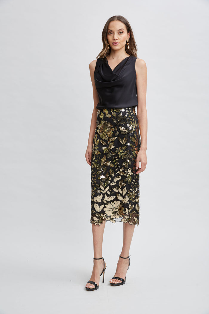 Elie Tahari Floral Sequin Midi Skirt CRESTED FLORAL SEQUIN