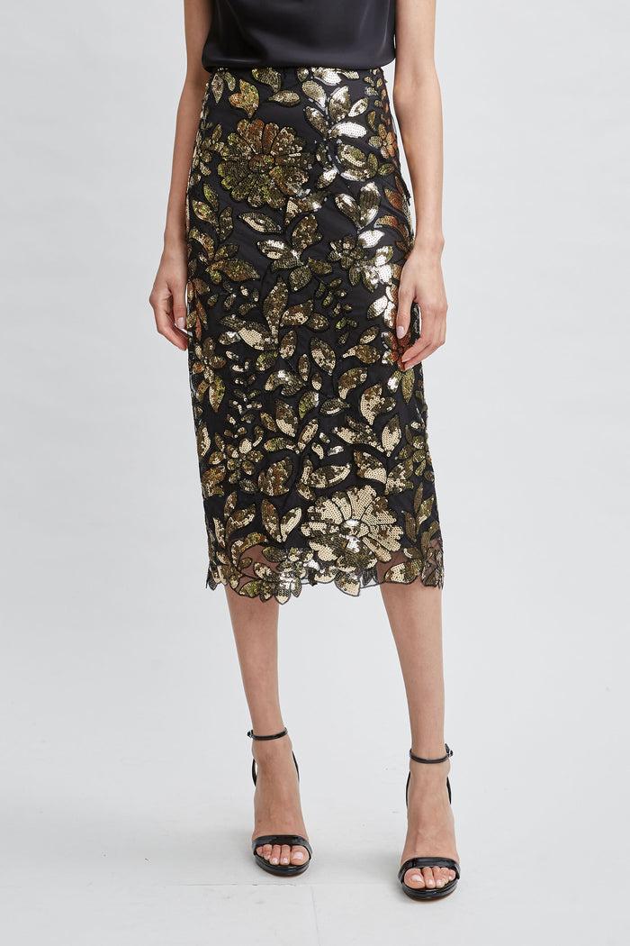 Elie Tahari Floral Sequin Midi Skirt CRESTED FLORAL SEQUIN