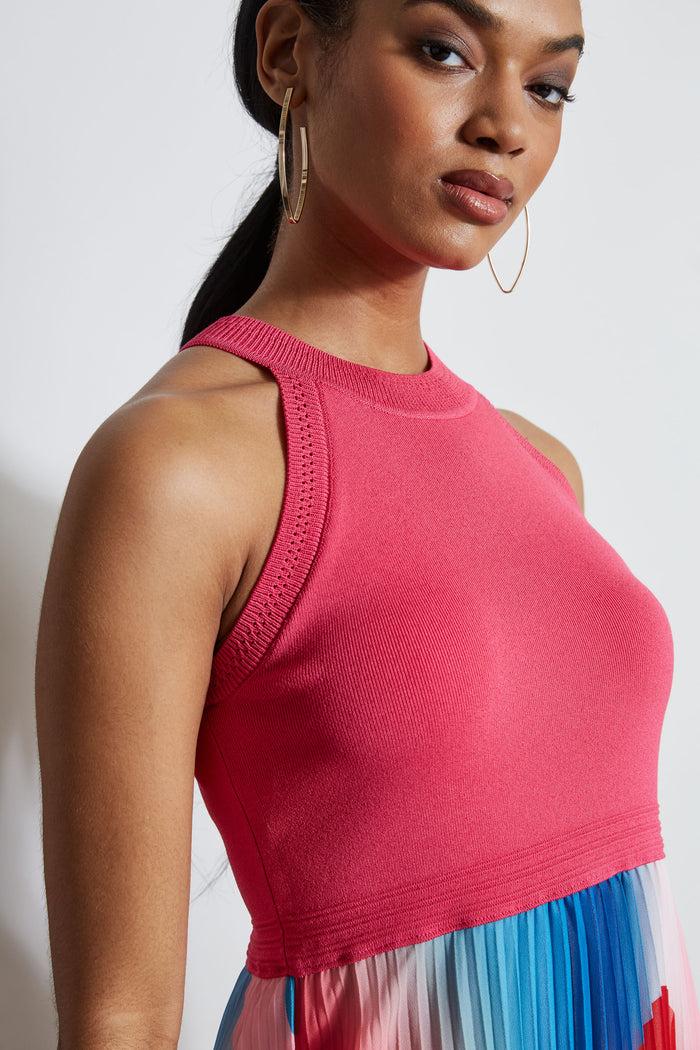 Elie Tahari Halter Pleated Print Midi Dress DAYDREAM HAZE PRINT