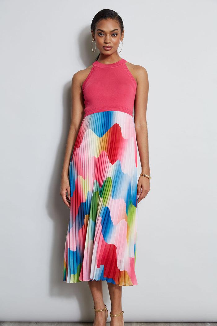 Elie Tahari Halter Pleated Print Midi Dress DAYDREAM HAZE PRINT