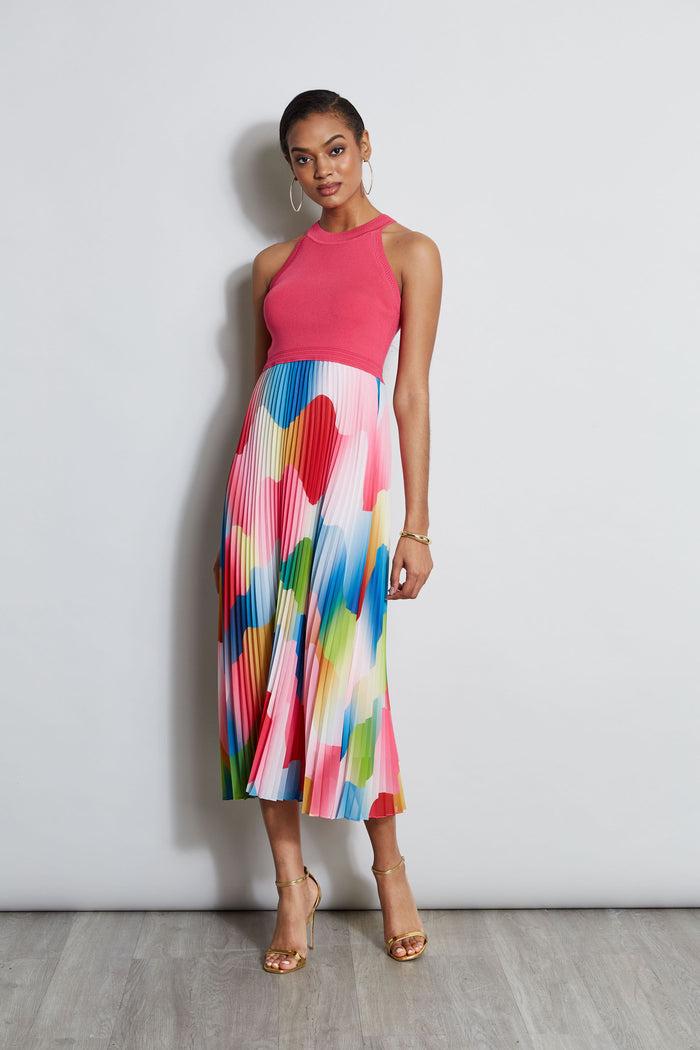 Elie Tahari Halter Pleated Print Midi Dress DAYDREAM HAZE PRINT