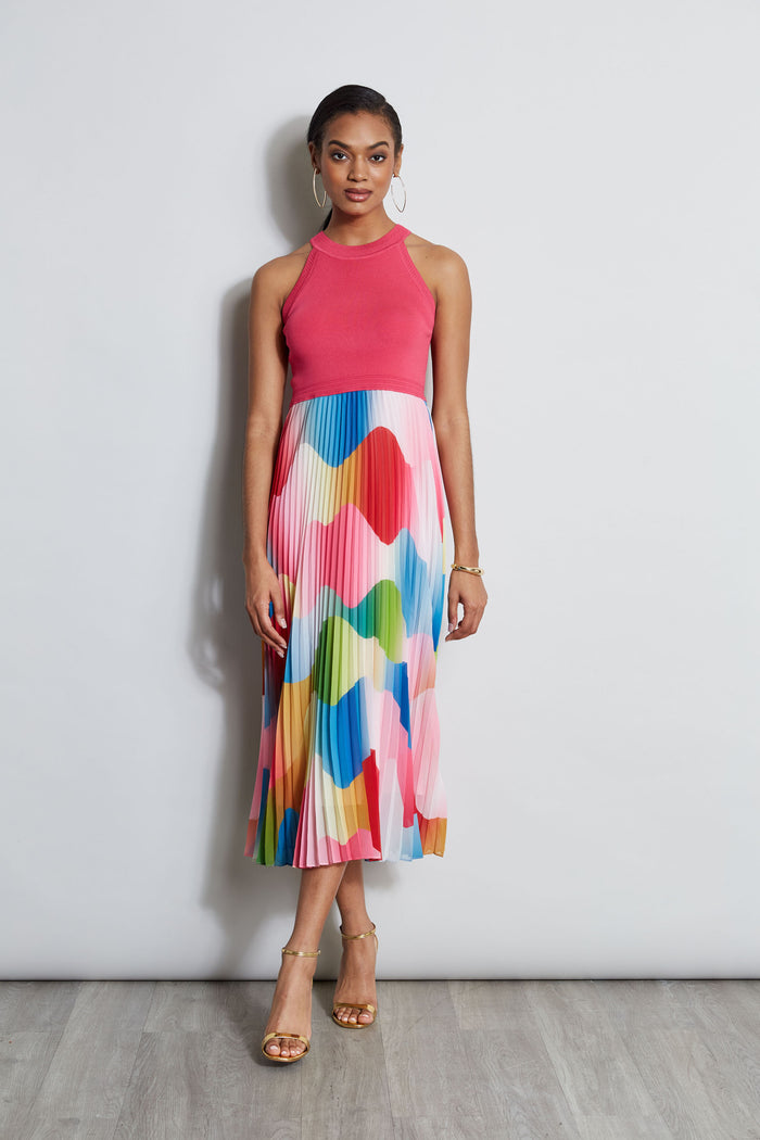 Elie Tahari Halter Pleated Print Midi Dress DAYDREAM HAZE PRINT