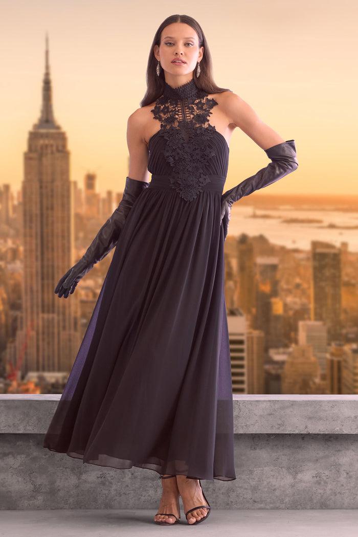 Elie Tahari Lace Applique Chiffon Halter Gown BLACK