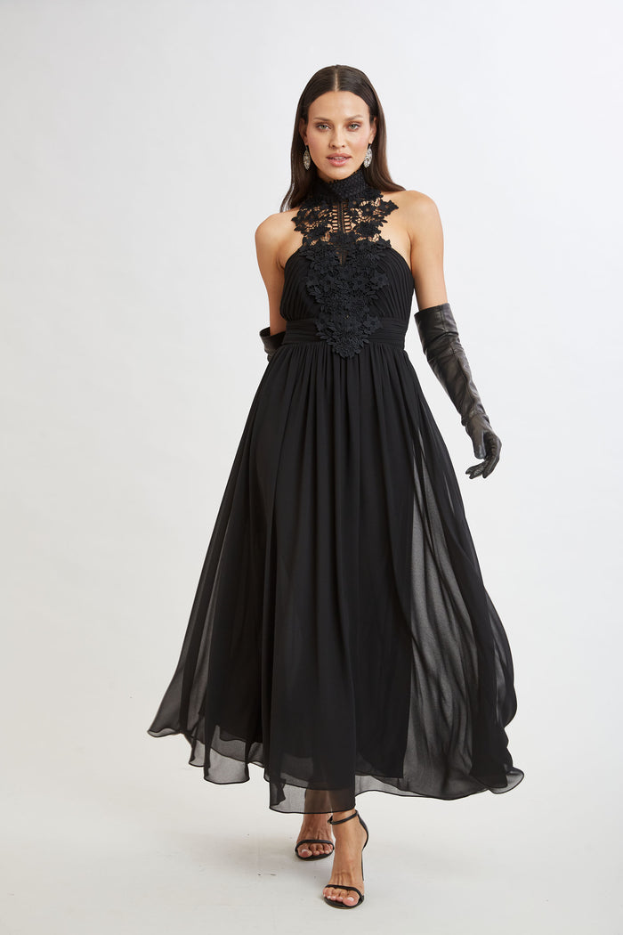 Elie Tahari Lace Applique Chiffon Halter Gown BLACK