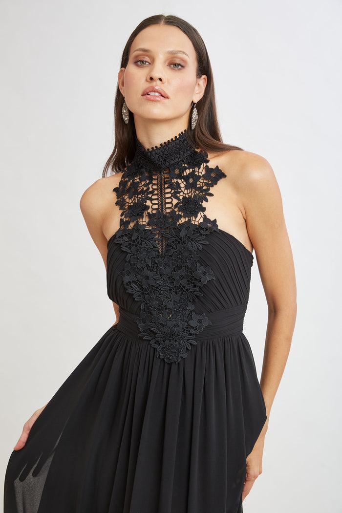 Elie Tahari Lace Applique Chiffon Halter Gown BLACK
