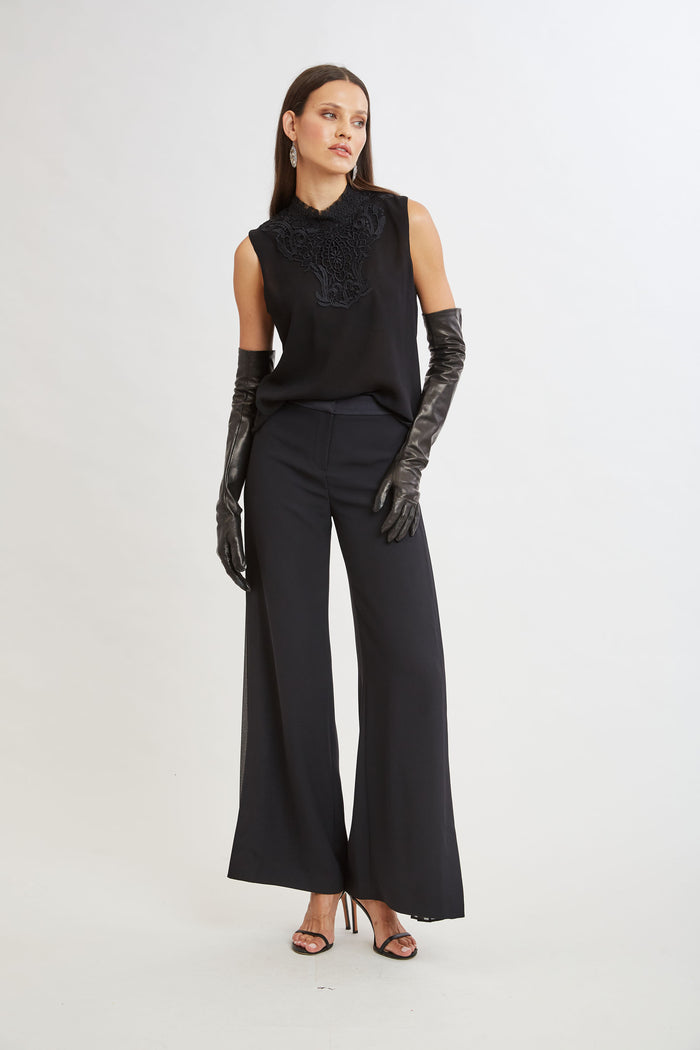 Elie Tahari Lace Insert Crinkle Silk Chiffon Shirt BLACK