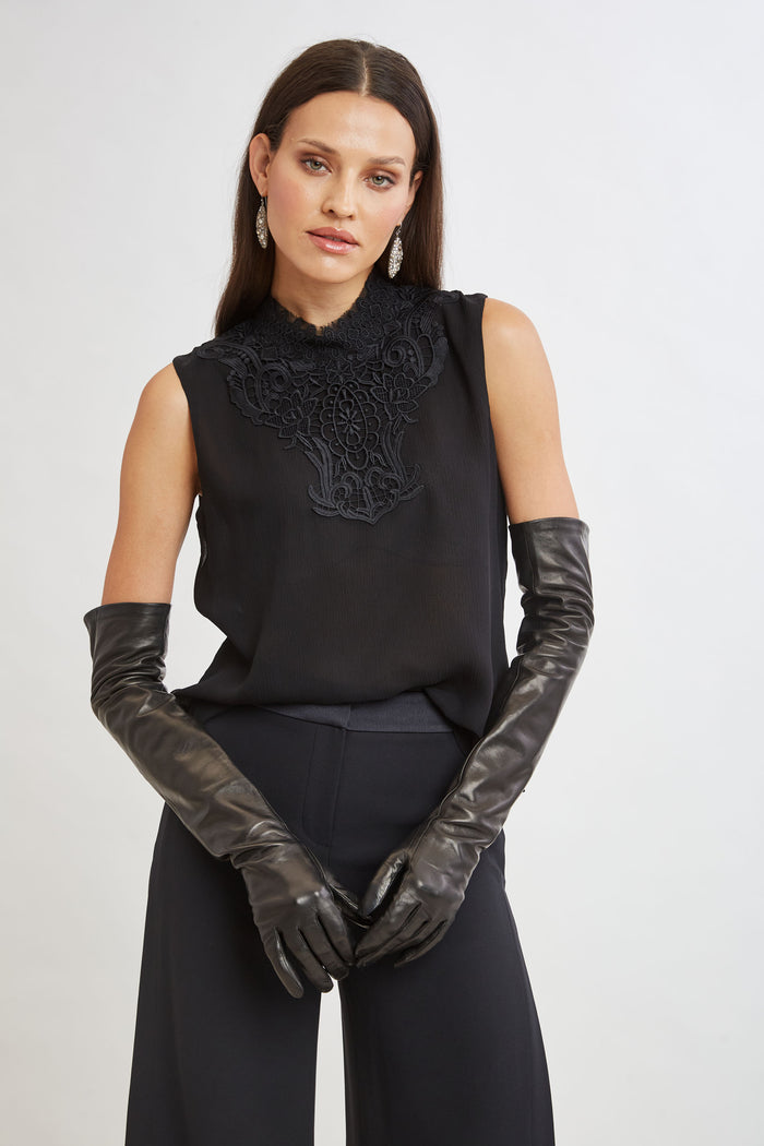 Elie Tahari Lace Insert Crinkle Silk Chiffon Shirt BLACK