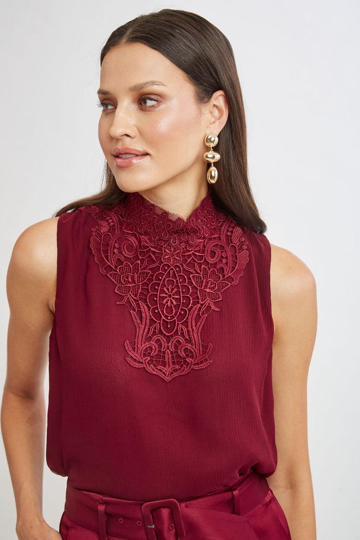 Elie Tahari Lace Insert Crinkle Silk Chiffon Shirt SANGRIA