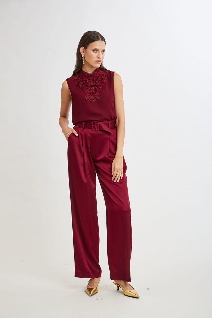 Elie Tahari Lace Insert Crinkle Silk Chiffon Shirt SANGRIA