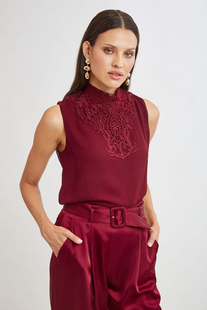 Elie Tahari Lace Insert Crinkle Silk Chiffon Shirt SANGRIA