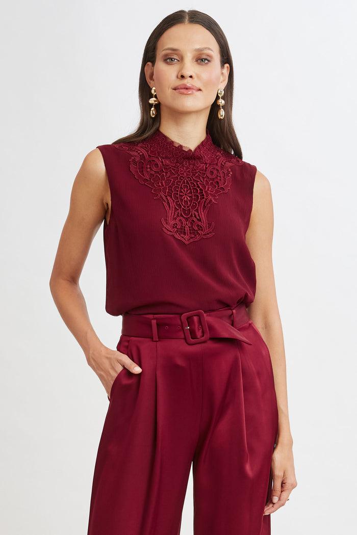 Elie Tahari Lace Insert Crinkle Silk Chiffon Shirt SANGRIA