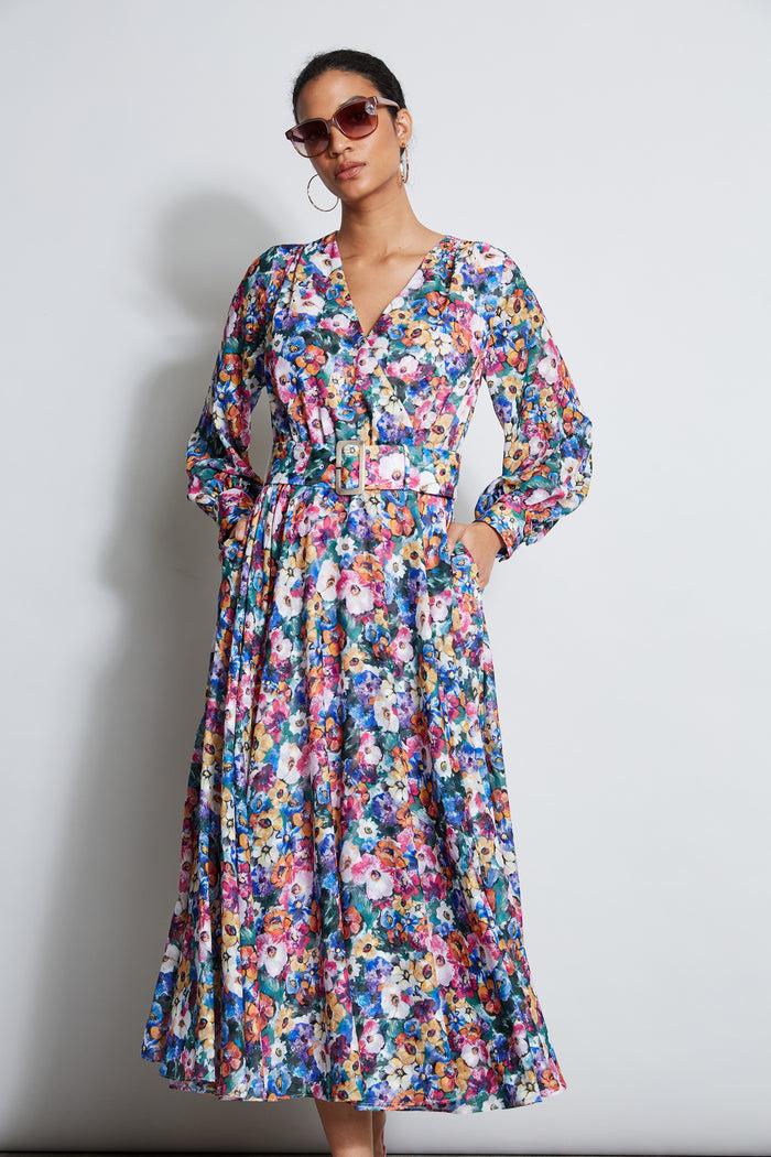 Elie Tahari Long Sleeve Floral Belted Dress CAMELLIA FLORAL