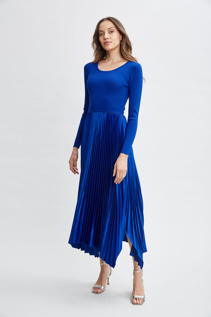 Elie Tahari Long Sleeve Knit Pleated Dress EVENING BLUE