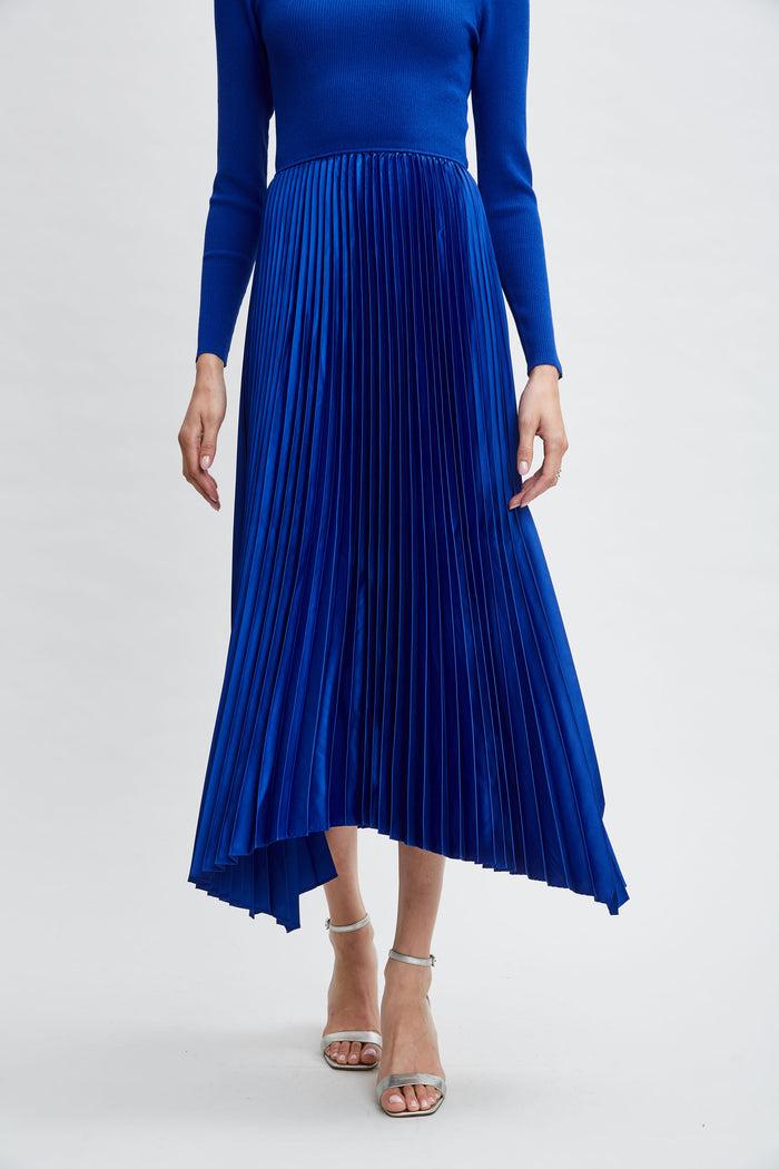 Elie Tahari Long Sleeve Knit Pleated Dress EVENING BLUE