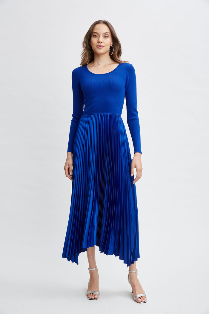 Elie Tahari Long Sleeve Knit Pleated Dress EVENING BLUE
