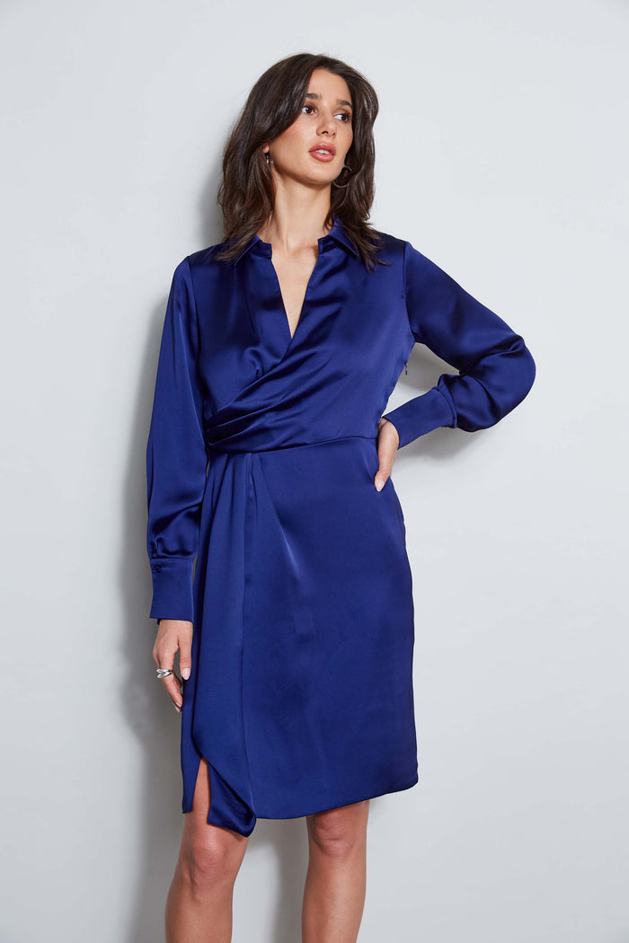 Elie Tahari Long Sleeve Satin Wrap Dress DARK SAPPHIRE