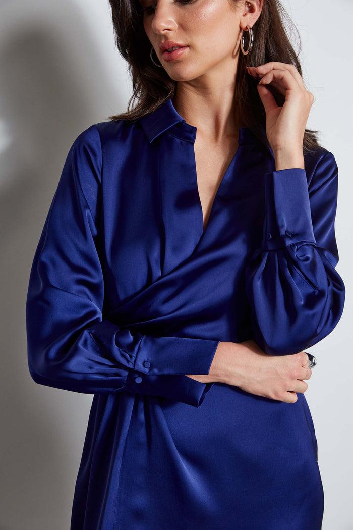 Elie Tahari Long Sleeve Satin Wrap Dress DARK SAPPHIRE
