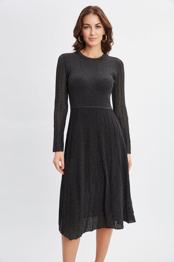 Elie Tahari Lurex Flare Sweater Dress NOIR WITH GUNMETAL LUREX