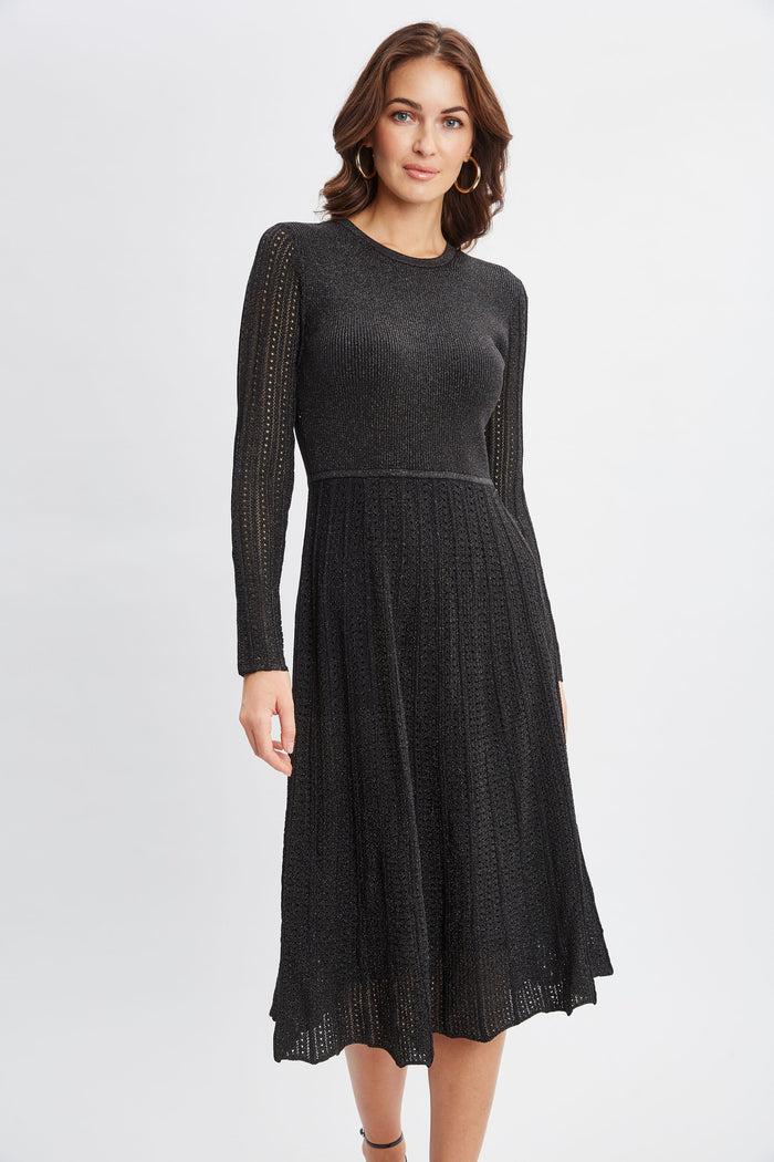 Elie Tahari Lurex Flare Sweater Dress NOIR WITH GUNMETAL LUREX