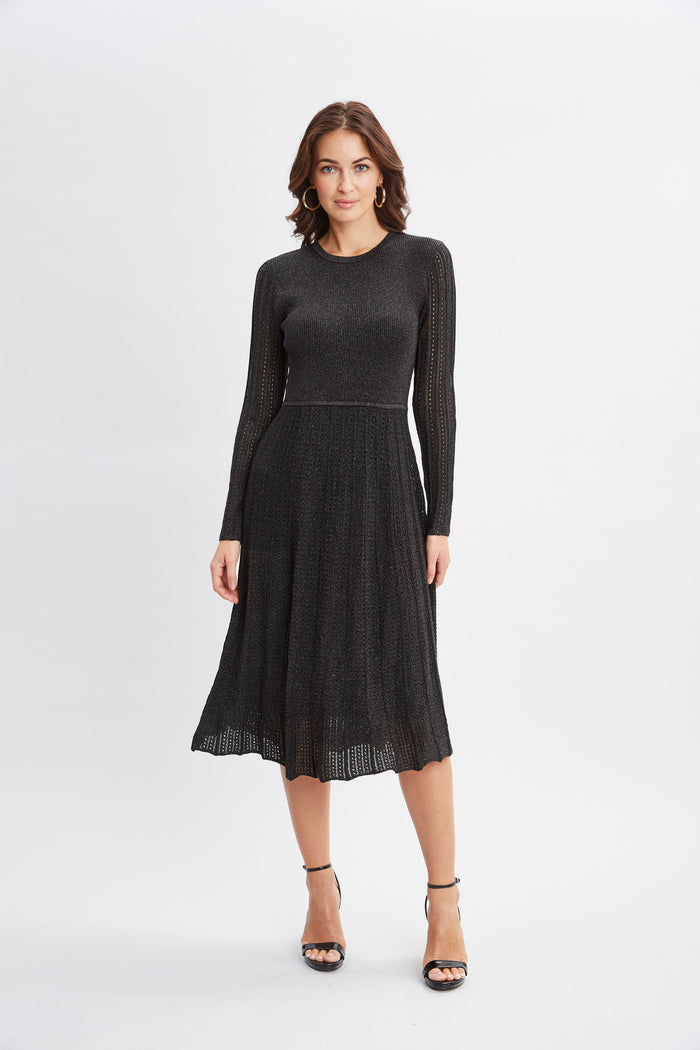 Elie Tahari Lurex Flare Sweater Dress NOIR WITH GUNMETAL LUREX