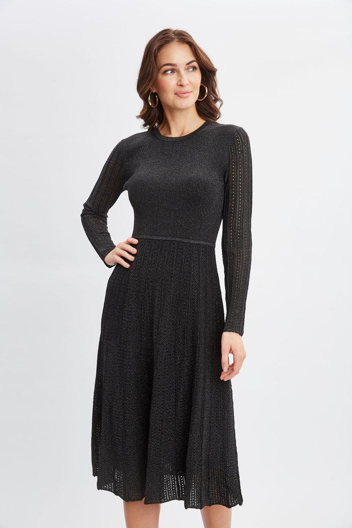 Elie Tahari Lurex Flare Sweater Dress NOIR WITH GUNMETAL LUREX