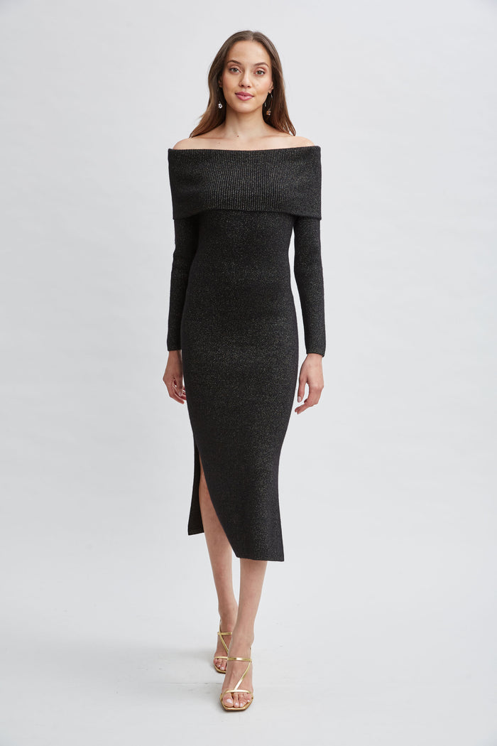 Elie Tahari Metallic Cashmere Off Shoulder Dress NOIR LUREX