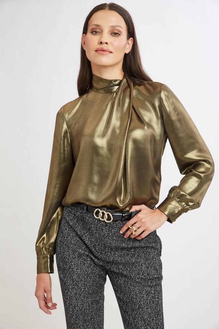 Elie Tahari Metallic Draped Neck Shirt ANTIQUE GOLD