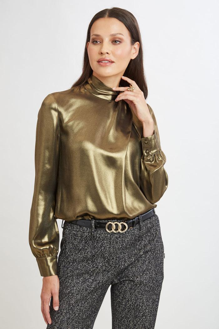 Elie Tahari Metallic Draped Neck Shirt ANTIQUE GOLD