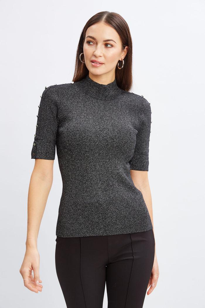 Elie Tahari Metallic Mock Neck Short Sleeve Sweater NOIR WITH SILVER LUREX