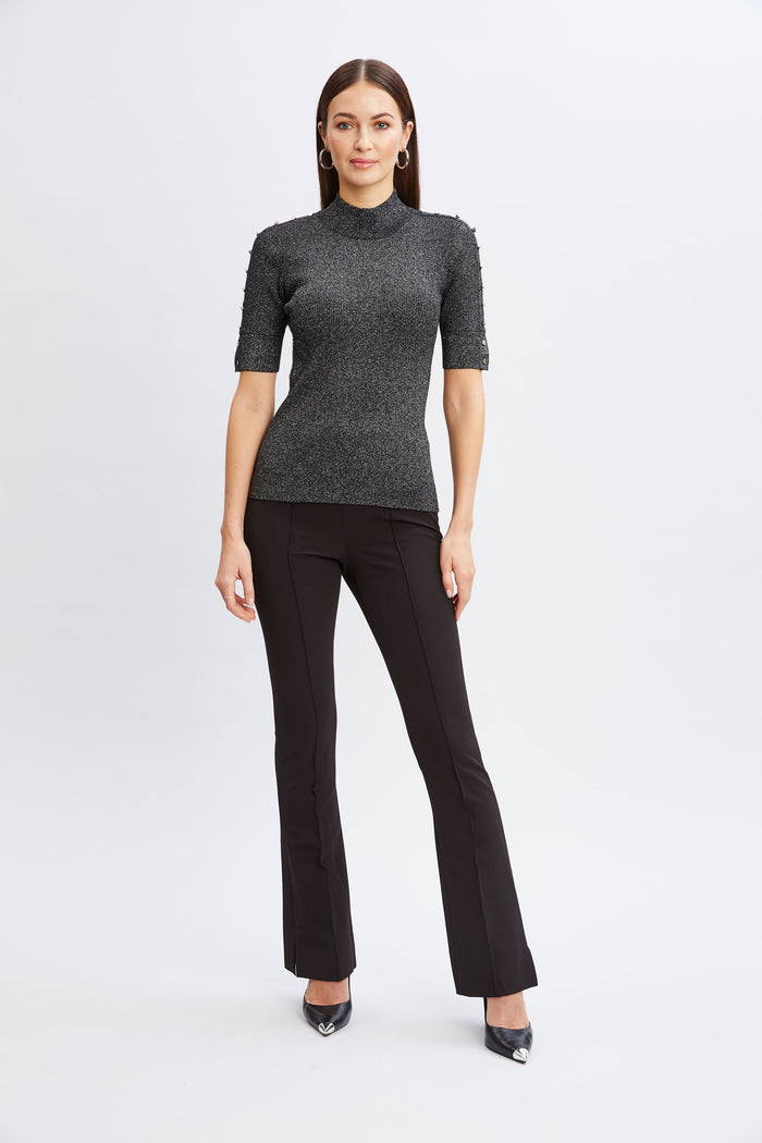 Elie Tahari Metallic Mock Neck Short Sleeve Sweater NOIR WITH SILVER LUREX