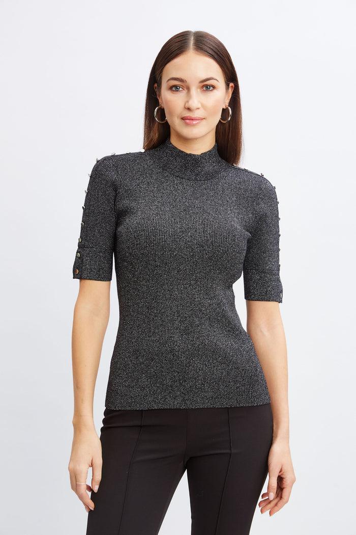 Elie Tahari Metallic Mock Neck Short Sleeve Sweater NOIR WITH SILVER LUREX