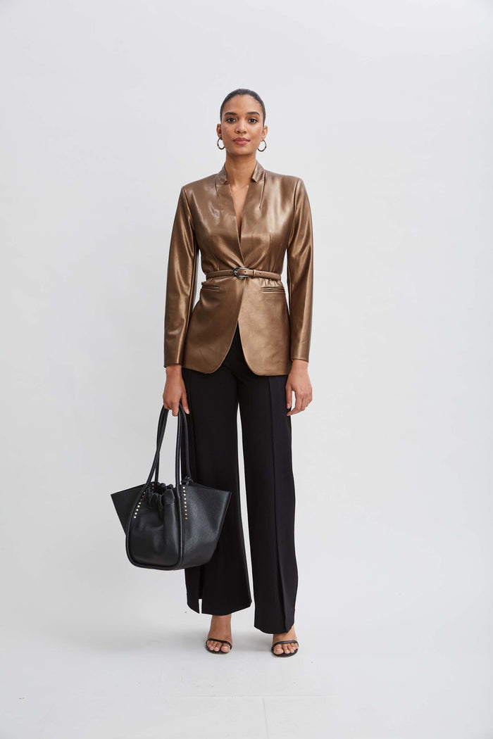 Elie Tahari Metallic Vegan Leather Belted Blazer BRONZE