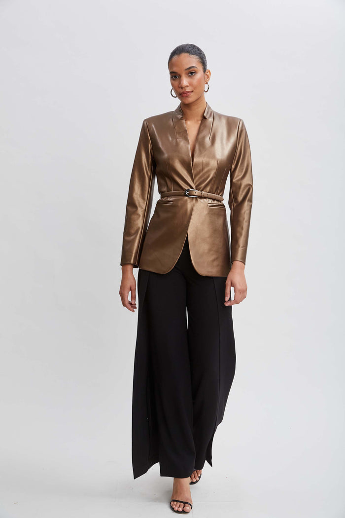 Elie Tahari Metallic Vegan Leather Belted Blazer BRONZE
