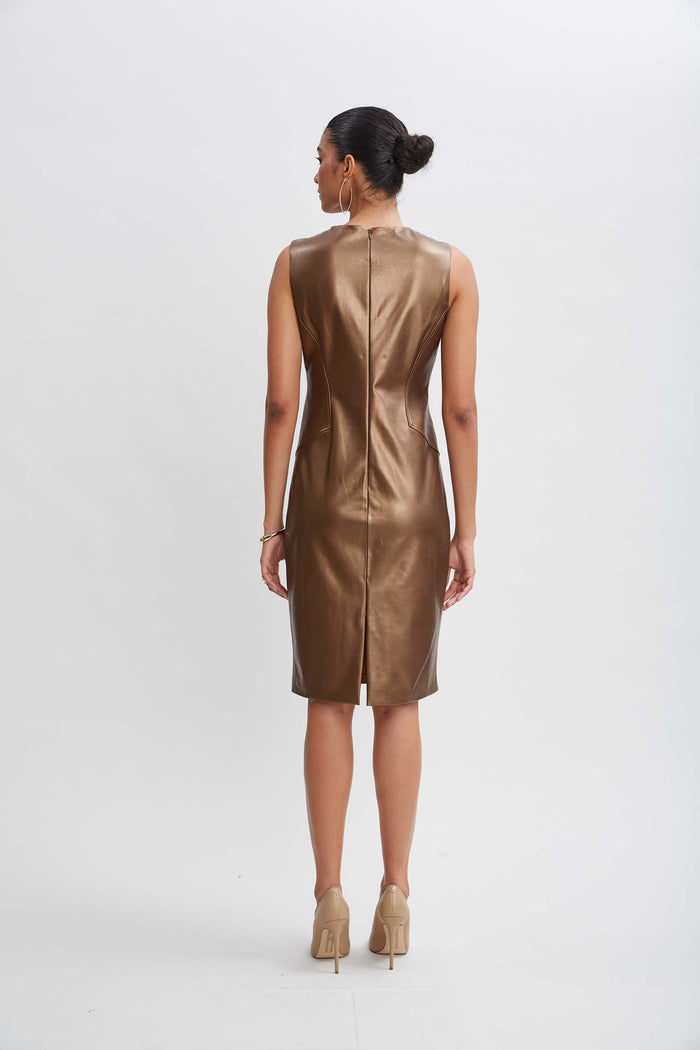 Elie Tahari Metallic Vegan Leather Panel Dress BRONZE