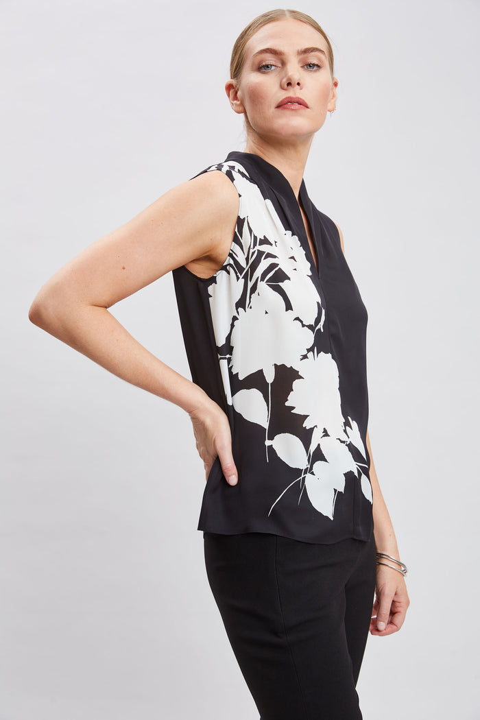 Elie Tahari Midnight Garden Sleeveless Silk Top BLACK-IVORY
