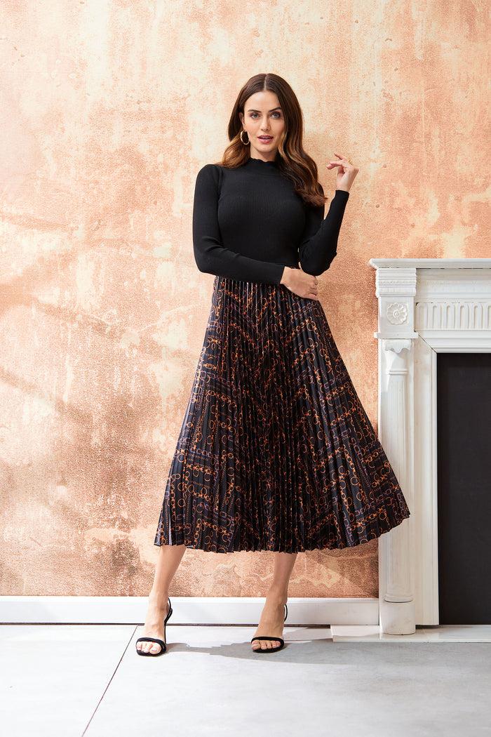 Elie Tahari Mixed Media Chain Pleated Dress NOIR W GILDED CHAIN PRINT