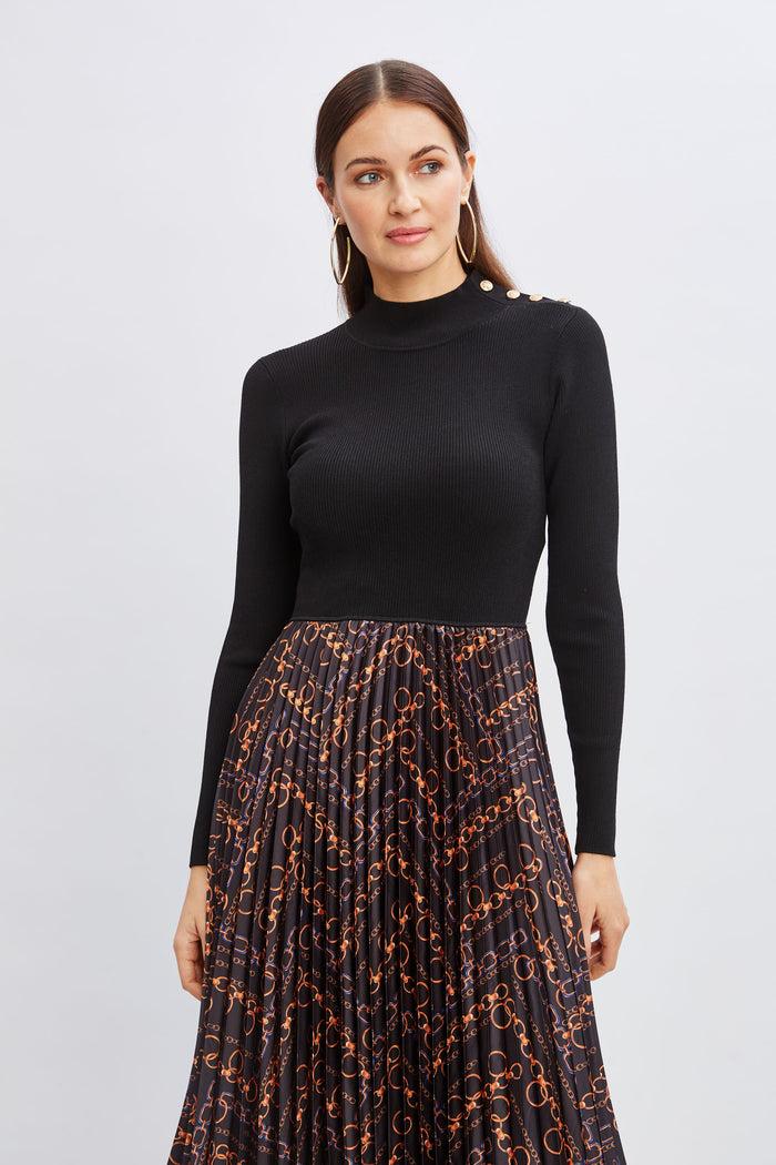 Elie Tahari Mixed Media Chain Pleated Dress NOIR W GILDED CHAIN PRINT