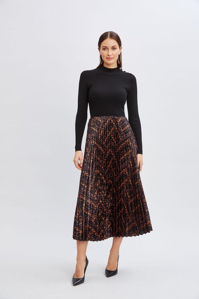 Elie Tahari Mixed Media Chain Pleated Dress NOIR W GILDED CHAIN PRINT