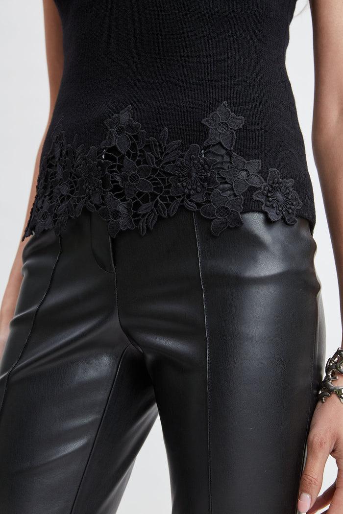 Elie Tahari Mock Neck Lace Hem Sleeveless Sweater BLACK