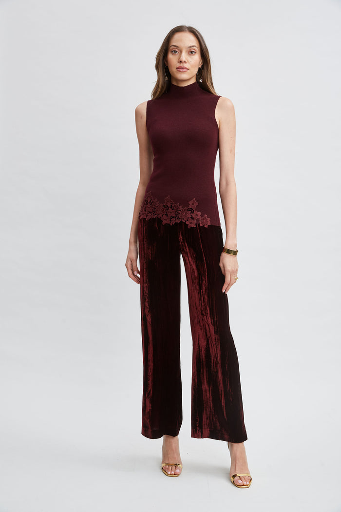 Elie Tahari Mock Neck Lace Hem Sleeveless Sweater MERLOT