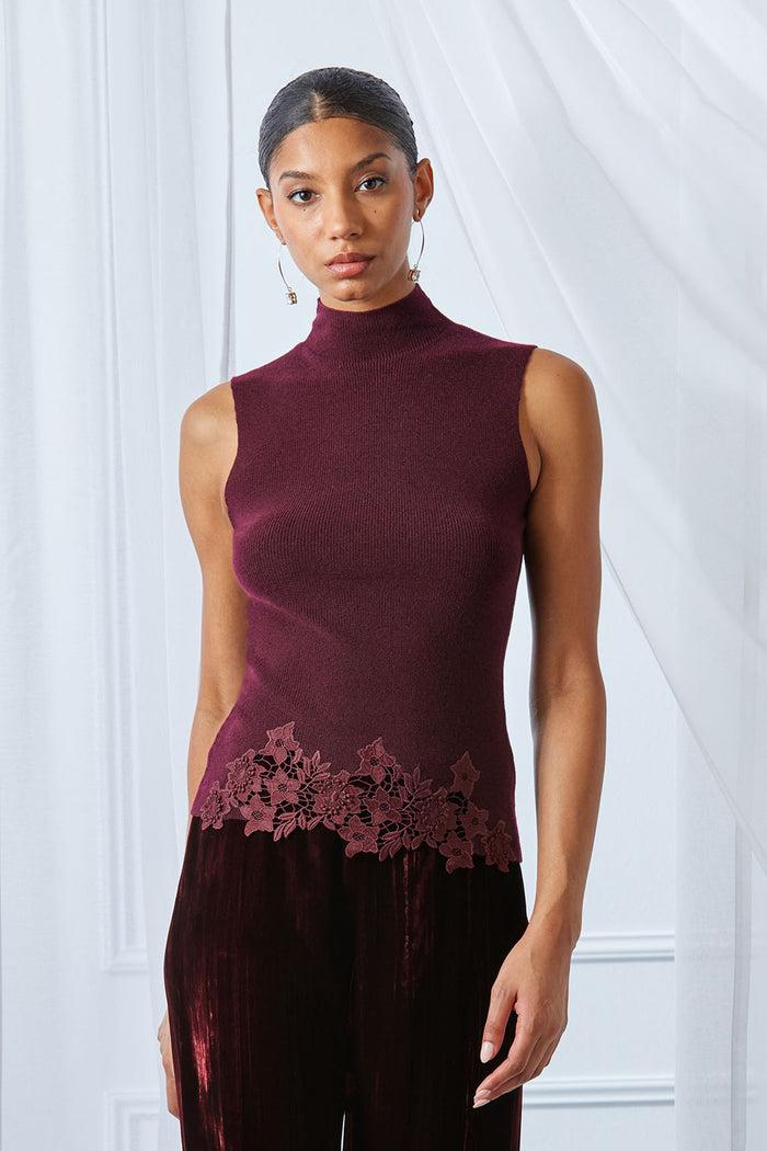 Elie Tahari Mock Neck Lace Hem Sleeveless Sweater MERLOT